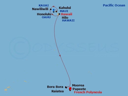 12 Night - South Pacific - Norwegian Spirit - Starting in Honolulu, Hi, Kahului, Maui, Hi, Nawiliwili, Kauai, Hawaii, Hilo, Hi, Bora Bora, French Polynesia, Raiatea, French Polynesia, Moorea, French Polynesia, Papeete, French Polynesia itinerary map