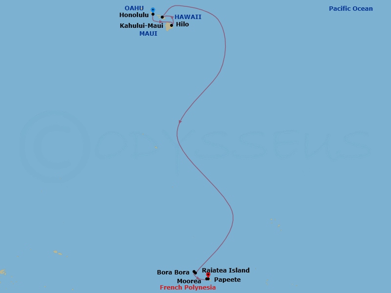 12 Night - South Pacific - Norwegian Spirit - Starting in Honolulu, Hi, Hilo, Hi, Kahului, Maui, Hi, Raiatea, French Polynesia, Bora Bora, French Polynesia, Moorea, French Polynesia, Papeete, French Polynesia itinerary map