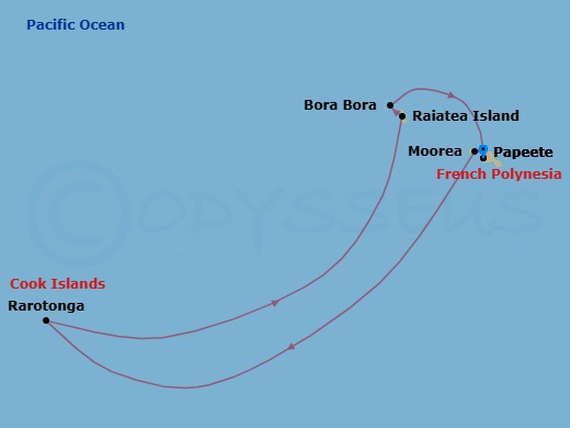 8 Night - South Pacific - Norwegian Spirit - Starting in Papeete, French Polynesia, Moorea, French Polynesia, Rarotonga, Cook Islands, Raiatea, French Polynesia, Bora Bora, French Polynesia, Papeete, French Polynesia itinerary map