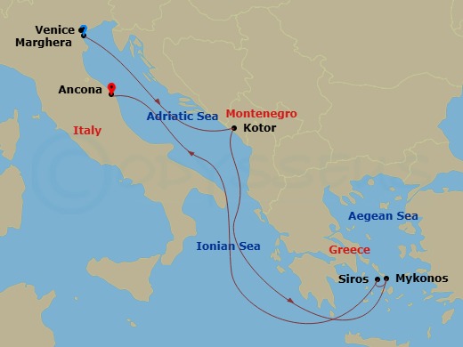 6 Night - Mediterranean - MSC Lirica - Starting in Venice / Marghera, Italy, Kotor, Montenegro, Mykonos, Greece, Syros, Greece, Ancona (Urbino), Italy itinerary map
