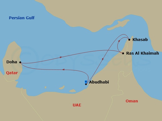 7 Night - Iconic Arabia from Abu Dhabi - Celestyal Discovery - Starting in Abu Dhabi, Uae, Doha, Qatar, Ras Al Khaimah, Uae, Khasab, Oman, Abu Dhabi, Uae itinerary map
