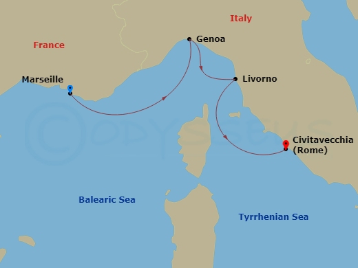 3 Night - Mediterranean - MSC Orchestra - Starting in Marseille (Provence), France, Genoa (Portofino), Italy, Livorno (Florence), Italy, Civitavecchia (Rome), Italy itinerary map