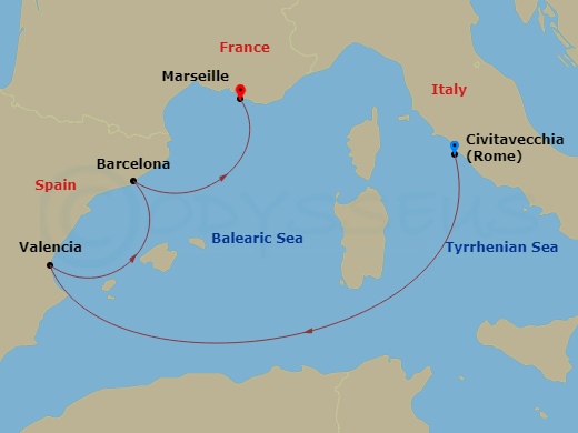 4 Night - Mediterranean - MSC Orchestra - Starting in Civitavecchia (Rome), Italy, Valencia, Spain, Barcelona, Spain, Marseille (Provence), France itinerary map