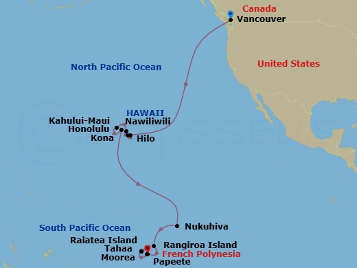 24 Night - Hawaii from Vancouver to Papeete - Silver Whisper - Starting in Vancouver, Hilo, Kailua Kona, Kahului, Nawiliwili, Honolulu, Nuku Hiva, Rangiroa, Moorea Island, Raiatea, Motu Tahaa, Raiatea, Papeete itinerary map