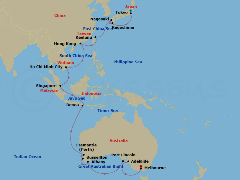 33 Night - Japan from Tokyo to Melbourne - Silver Moon - Starting in Tokyo, Kagoshima, Nagasaki, Keelung, Hong Kong, Ho Chi Minh City, Singapore, Benoa, Fremantle, Busselton, Albany AU, Port Lincoln, Adelaide, Melbourne itinerary map