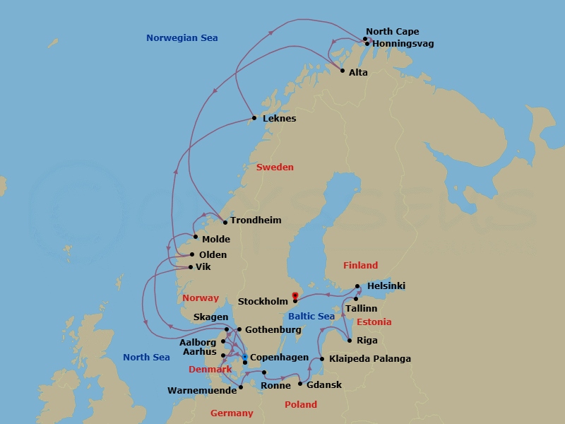 28 Night - Northern Europe from Copenhagen to Stockholm - Silver Spirit - Starting in Copenhagen, Olden, Leknes, Honningsvag, Along North Cape, Alta, Trondheim, Molde, Vik, Skagen, Copenhagen, Aarhus, Aalborg, Gothenburg, Warnemunde, Ronne, Gdansk, Klaipeda, Riga, Tallinn, Helsinki, Stockholm itinerary map