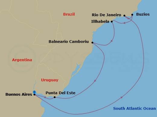 9 Night - South America - MSC Splendida - Starting in Buenos Aires, Argentina, Rio De Janeiro, Brazil, Buzios, Brazil, Ilhabela, Brazil, Camboriu, Brazil, Punta Del Este, Uruguay, Buenos Aires, Argentina itinerary map