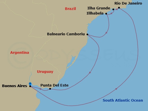 9 Night - South America - MSC Splendida - Starting in Buenos Aires, Argentina, Rio De Janeiro, Brazil, Ilha Grande, Brazil, Ilhabela, Brazil, Camboriu, Brazil, Punta Del Este, Uruguay, Buenos Aires, Argentina itinerary map