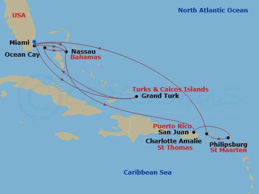 14 Night - Caribbean and Antilles - MSC Meraviglia - Starting in Miami, Florida, Nassau, Bahamas, San Juan Porto Rico, Philipsburg, St Maarten, Charlotte Amalie (St Thomas) Virgin Islands, Miami, Florida, Grand Turk Island, Turks and Caicos, Ocean Cay Msc Marine Reserve, Bahamas, Nassau, Bahamas, Miami, Florida itinerary map