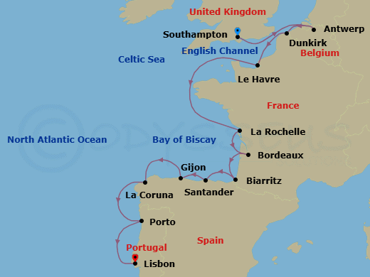 13 Night - Storybook Villages & Worldclass Art - Seven Seas Voyager - Starting in London (Southampton), Cruising the North Sea, Antwerp, Dunkirk, Paris (Le Havre), Cruising the English Channel and Bay of Biscay, La Rochelle, France, Bordeaux, Biarritz (Saint-Jean-De-Luz), Santander, Gijon, Spain, La Coruna, Oporto, Lisbon itinerary map
