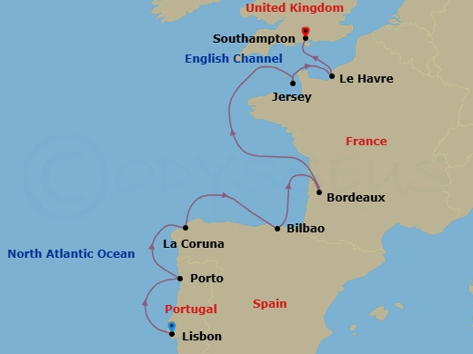 10 Night - Cities of Wines - Seven Seas Grandeur - Starting in Lisbon, Oporto, La Coruna, Bilbao, Bordeaux, Cruising the Bay of Biscay and English Channel, St Helier, Paris (Le Havre), London (Southampton) itinerary map