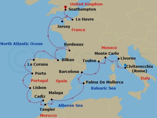 20 Night - Legacies & Empires - Seven Seas Grandeur - Starting in Rome (Civitavecchia), Tuscany (Livorno), Monte Carlo, Toulon, Barcelona, Palma De Mallorca, Cruising the Mediterranean Sea, Malaga, Tangier, Cadiz, Lisbon, Oporto, La Coruna, Bilbao, Bordeaux, Cruising the Bay of Biscay and English Channel, St Helier, Paris (Le Havre), London (Southampton) itinerary map