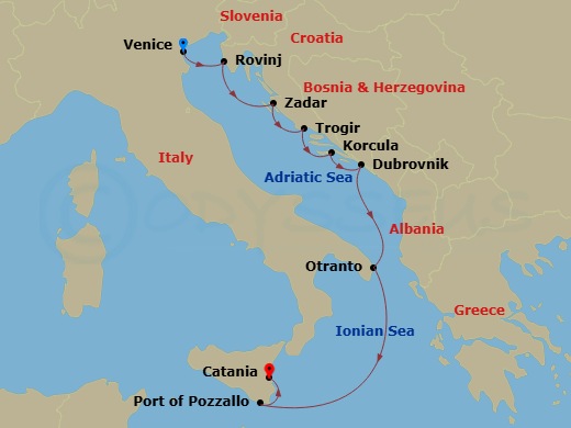 11 Night - Proud Cities Along the Adriatic Coast - Sea Cloud II - Starting in Venice, Rovinj, Zadar, Trogir, Korcula, Dubrovnik, Croatia, Otranto, Pozzallo / Sicily, Catania / Sicily itinerary map