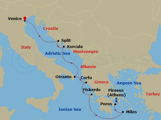 11 Night - Concerts a La Carte - Sea Cloud II - Starting in Piraeus, Poros, Milos / Cyclades, Fiskardo / Cephalonia / Ionian Islands, Kerkyra / Corfu / Ionian Islands, Otranto, Korcula, Split, Venice itinerary map