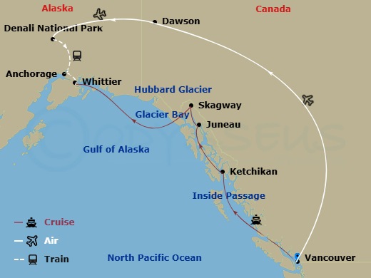 14 Night - Denali & Yukon Y2l - Tour Y2l - Westerdam Tours - Starting in Vancouver, BC, CA, Dawson City, Denali National Park, Anchorage, Alaska, Whittier, Alaska, Cruising Hubbard Glacier, Glacier Bay, Skagway, Alaska, Juneau, Alaska, Ketchikan, Alaska, Scenic Cruising the Inside Passage, Vancouver, BC, CA itinerary map
