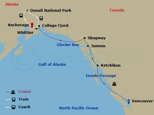 10 Night - Signature Denali D6c - Tour D6c - Westerdam Tours - Starting in Vancouver, BC, CA, Scenic Cruising the Inside Passage, Ketchikan, Alaska, Juneau, Alaska, Skagway, Alaska, Glacier Bay, College Fjord, Whittier, Alaska, Denali National Park, Anchorage, Alaska itinerary map