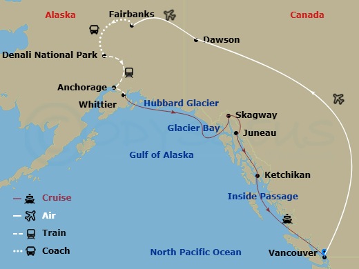 17 Night - Denali & Yukon Y1l - Tour Y1l - Westerdam Tours - Starting in Vancouver, BC, CA, Dawson City, Fairbanks, Denali National Park, Anchorage, Alaska, Whittier, Alaska, Cruising Hubbard Glacier, Scenic cruising Endicott Arm / Dawes Glacier, Skagway, Alaska, Juneau, Alaska, Ketchikan, Alaska, Scenic Cruising the Inside Passage, Vancouver, BC, CA itinerary map