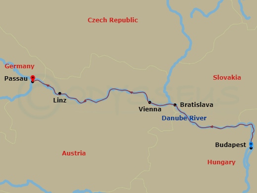 7 Night - Classical Danube Cruise - MS Amadeus Mira - Starting in Budapest, Bratislava, Vienna, Linz, Passau itinerary map