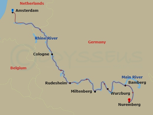 7 Night - Three-Rivers Cruise - MS Amadeus Mira - Starting in Amsterdam, Cologne, Rudesheim, Miltenberg, Wurzburg, Bamberg, Nuremberg itinerary map