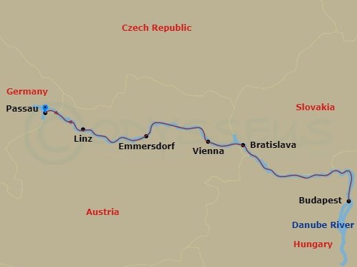 7 Night - Danube Rhapsody - MS Amadeus Mira - Starting in Passau, Emmersdorf, Vienna, Budapest, Bratislava, Linz, Passau itinerary map