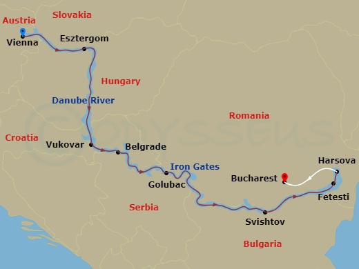 9 Night - 1.200 Miles On the Beautiful Blue Danube - MS Amadeus Mira - Starting in Vienna, Esztergom, Vukovar, Belgrade, Golubac, Svishtov, Harsova, Fetesti, Bucharest itinerary map