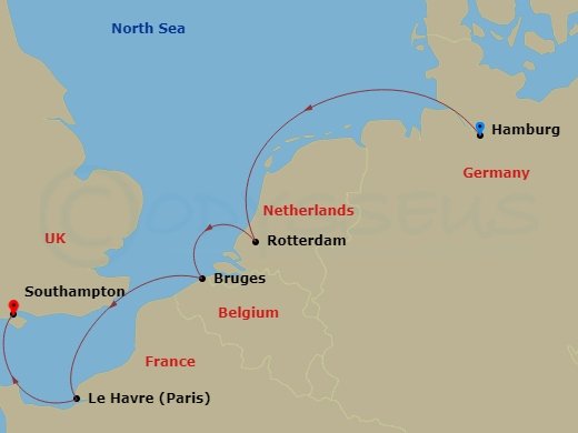 5 Night - Northern Europe - MSC Poesia - Starting in Hamburg, Germany, Rotterdam (Amsterdam), Netherlands, Zeebrugge (Bruges), Belgium, Le Havre (Paris), France, Southampton (London), United Kingdom itinerary map
