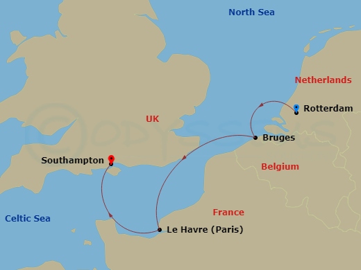3 Night - Northern Europe - MSC Poesia - Starting in Rotterdam (Amsterdam), Netherlands, Zeebrugge (Bruges), Belgium, Le Havre (Paris), France, Southampton (London), United Kingdom itinerary map