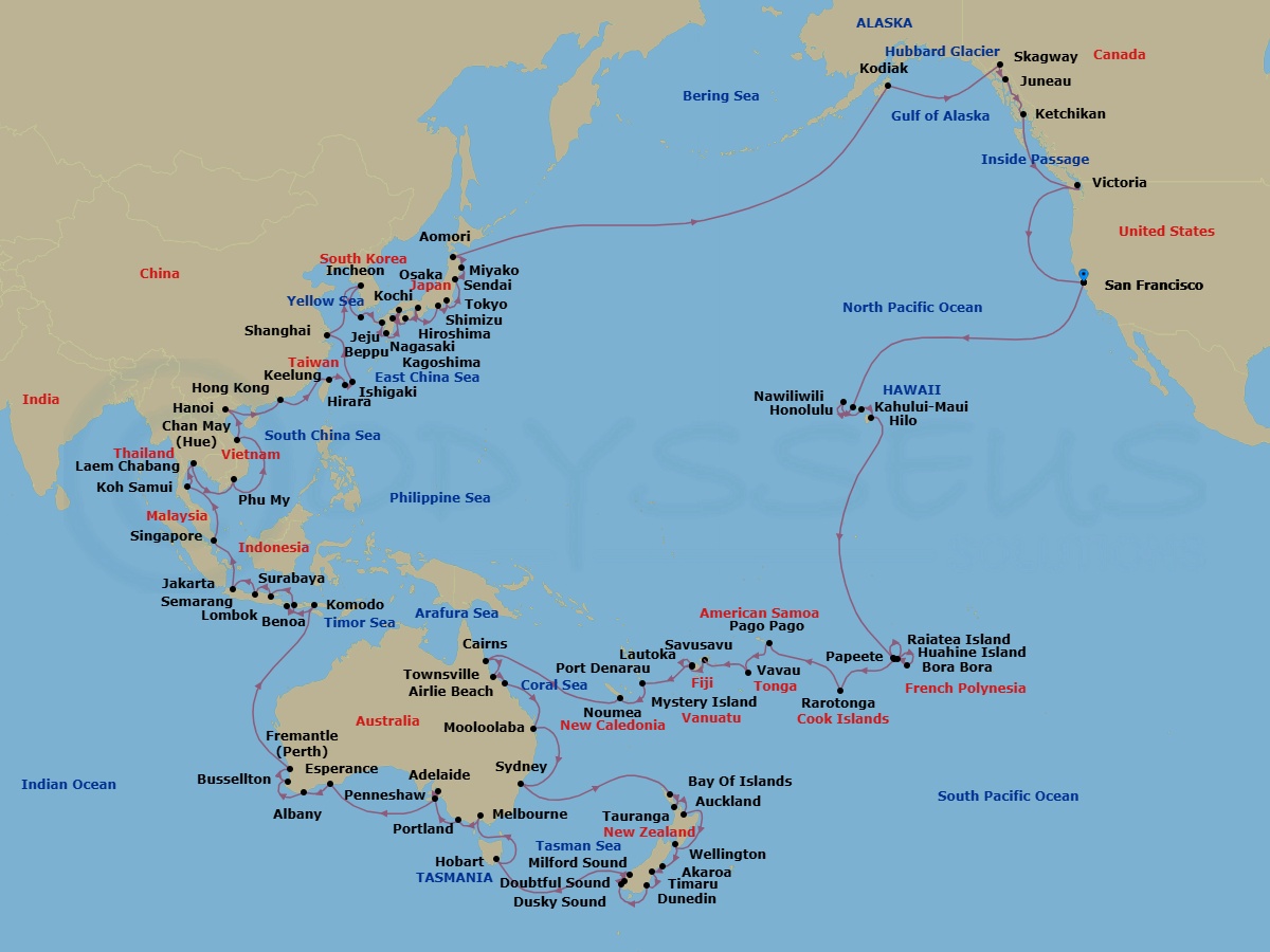 133 Night - Legends of the Pacific - Seven Seas Splendor - Starting in San Francisco, Cruising the Pacific Ocean, Honolulu, Nawiliwili, Kahului, Hilo, Cruising the Pacific Ocean, Bora Bora, Huahine, Papeete (Tahiti), Raiatea, Cruising the South Pacific, Rarotonga, Cruising the South Pacific, Pago Pago, Crossing the International Date Line, Vavau (Neiafu), Cruising the South Pacific, Savusavu, Port Denarau, Lautoka, Cruising the South Pacific, Mystery Island, Noumea, Cruising the Coral Sea, Cairns, Townsville, Airlie Beach, Cruising the Coral Sea, Mooloolaba, Cruising the Tasman Sea, Sydney AU, Cruising the Tasman Sea, Bay of Islands, Auckland, Rotorua (Tauranga), Cruising the Tasman Sea, Wellington, Akaroa, Timaru, Dunedin, Cruising the Fjords of Dusky Sound, Cruising the Fjords of Doubtful Sound, Cruising the Fjords of Milford Sound, Cruising the Tasman Sea, Hobart (Tasmania), Cruising the Tasman Sea, Melbourne, Portland AU, Penneshaw (Kangaroo Island), Adelaide, Cruising the Great Australian Bight, Esperance, Albany AU, Busselton, Perth (Fremantle), Cruising the Indian Ocean, Komodo, Bali (Benoa), Lombok (Lembar), Surabaya, Semarang (Java), Jakarta, Cruising the Java and South China Seas, Singapore, Cruising the Gulf of Thailand, Ko Samui, Bangkok (Laem Chabang), Cruising the Gulf of Thailand, Phu My (Ho Chi Minh City), Cruising the South China Sea, Hue (Chan May), Hanoi (Ha Long Bay), Cruising the Hainan Strait, Hong Kong, Cruising the Taiwan Strait, Taipei (Keelung), Ishigaki (Sakishima Islands), Hirara (Miyakojima), Cruising the East China Sea, Shanghai, Cruising the Yellow Sea, Seoul (Incheon), Cruising the Yellow Sea, Jeju, Nagasaki, Kagoshima, Beppu, Hiroshima, Kochi, Osaka, Cruising the Pacific Ocean, Shimizu, Tokyo, Sendai, Miyako, Aomori, Cruising the Pacific Ocean, Crossing the Internantional Date Line, Cruising the Pacific Ocean, Kodiak, Cruising the Gulf of Alaska, Cruising Hubbard Glacier, Skagway, Juneau, Ketchikan, Cruising the Pacific Ocean, Victoria CA, Cruising the Pacific Ocean, San Francisco itinerary map