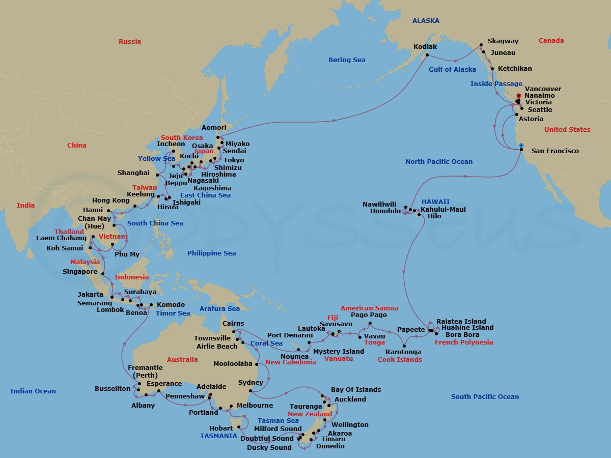 140 Night - Legends of the Pacific - Seven Seas Splendor - Starting in San Francisco, Cruising the Pacific Ocean, Honolulu, Nawiliwili, Kahului, Hilo, Cruising the Pacific Ocean, Bora Bora, Huahine, Papeete (Tahiti), Raiatea, Cruising the South Pacific, Rarotonga, Cruising the South Pacific, Pago Pago, Crossing the International Date Line, Vavau (Neiafu), Cruising the South Pacific, Savusavu, Port Denarau, Lautoka, Cruising the South Pacific, Mystery Island, Noumea, Cruising the Coral Sea, Cairns, Townsville, Airlie Beach, Cruising the Coral Sea, Mooloolaba, Cruising the Tasman Sea, Sydney AU, Cruising the Tasman Sea, Bay of Islands, Auckland, Rotorua (Tauranga), Cruising the Tasman Sea, Wellington, Akaroa, Timaru, Dunedin, Cruising the Fjords of Dusky Sound, Cruising the Fjords of Doubtful Sound, Cruising the Fjords of Milford Sound, Cruising the Tasman Sea, Hobart (Tasmania), Cruising the Tasman Sea, Melbourne, Portland AU, Penneshaw (Kangaroo Island), Adelaide, Cruising the Great Australian Bight, Esperance, Albany AU, Busselton, Perth (Fremantle), Cruising the Indian Ocean, Komodo, Bali (Benoa), Lombok (Lembar), Surabaya, Semarang (Java), Jakarta, Cruising the Java and South China Seas, Singapore, Cruising the Gulf of Thailand, Ko Samui, Bangkok (Laem Chabang), Cruising the Gulf of Thailand, Phu My (Ho Chi Minh City), Cruising the South China Sea, Hue (Chan May), Hanoi (Ha Long Bay), Cruising the Hainan Strait, Hong Kong, Cruising the Taiwan Strait, Taipei (Keelung), Ishigaki (Sakishima Islands), Hirara (Miyakojima), Cruising the East China Sea, Shanghai, Cruising the Yellow Sea, Seoul (Incheon), Cruising the Yellow Sea, Jeju, Nagasaki, Kagoshima, Beppu, Hiroshima, Kochi, Osaka, Cruising the Pacific Ocean, Shimizu, Tokyo, Sendai, Miyako, Aomori, Cruising the Pacific Ocean, Crossing the Internantional Date Line, Cruising the Pacific Ocean, Kodiak, Cruising the Gulf of Alaska, Cruising Hubbard Glacier, Skagway, Juneau, Ketchikan, Cruising the Pacific Ocean, Victoria CA, Cruising the Pacific Ocean, San Francisco, Cruising the Pacific Ocean, Astoria, Cruising the Pacific Ocean, Seattle, Victoria CA, Nanaimo, Vancouver itinerary map