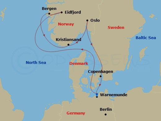 7 Night - Northern Europe - MSC Magnifica - Starting in Warnemunde (Berlin), Germany, Eidfjord, Norway, Bergen, Norway, Kristiansand, Norway, Oslo, Norway, Copenhagen, Denmark, Warnemunde (Berlin), Germany itinerary map
