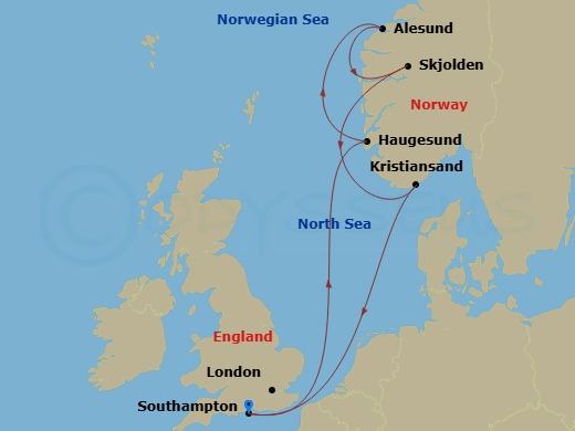 7 Night - Northern Europe - MSC Meraviglia - Starting in Southampton (London), United Kingdom, Haugesund, Norway, Alesund, Norway, Skjolden, Norway, Kristiansand, Norway, Southampton (London), United Kingdom itinerary map
