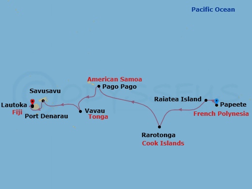 12 Night - Isles of Degei - Seven Seas Splendor - Starting in Papeete (Tahiti), Raiatea, Cruising the South Pacific, Rarotonga, Cruising the South Pacific, Pago Pago, Crossing the International Date Line, Vavau (Neiafu), Cruising the South Pacific, Savusavu, Port Denarau, Lautoka itinerary map