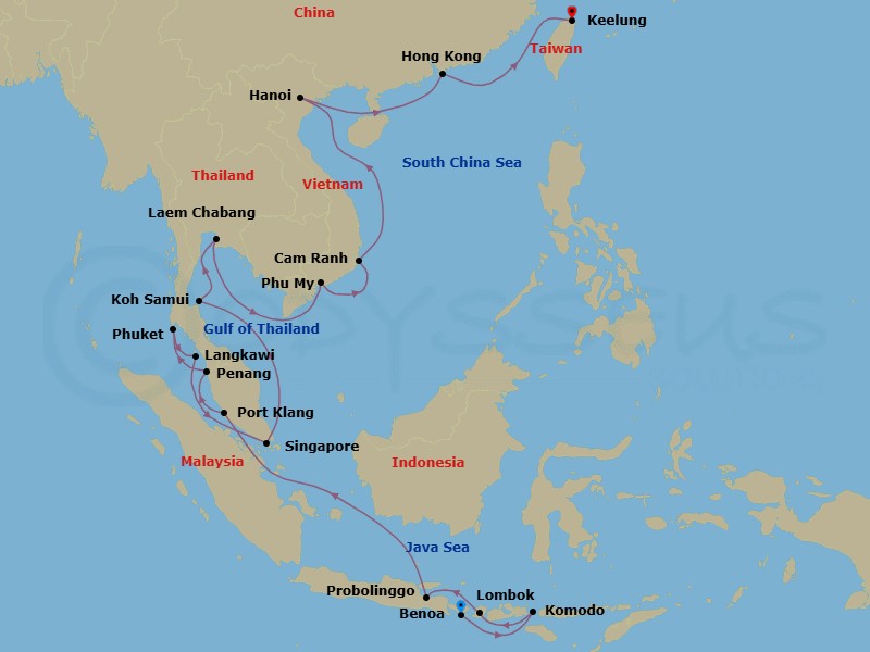 25 Night - Lantern Seas - Seven Seas Explorer - Starting in Bali (Benoa), Komodo, Lombok (Lembar), Probolinggo, Cruising the Java Sea, Cruising the Malacca Strait, Kuala Lumpur (Port Klang), Penang, Phuket, Langkawi, Singapore, Cruising the Gulf of Thailand, Ko Samui, Bangkok (Laem Chabang), Cruising the Gulf of Thailand, Phu My (Ho Chi Minh City), Cam Ranh, Cruising the South China Sea, Hanoi (Ha Long Bay), Cruising the South China Sea, Hong Kong, Cruising the South China Sea, Taipei (Keelung) itinerary map
