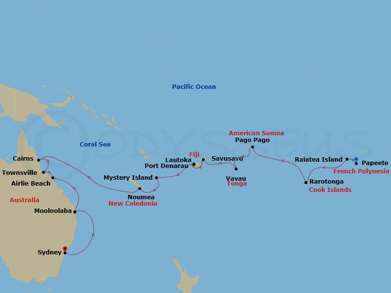 26 Night - Dreaming Down Under - Seven Seas Splendor - Starting in Papeete (Tahiti), Raiatea, Cruising the South Pacific, Rarotonga, Cruising the South Pacific, Pago Pago, Crossing the International Date Line, Vavau (Neiafu), Cruising the South Pacific, Savusavu, Port Denarau, Lautoka, Cruising the South Pacific, Mystery Island, Noumea, Cruising the Coral Sea, Cairns, Townsville, Airlie Beach, Cruising the Coral Sea, Mooloolaba, Cruising the Tasman Sea, Sydney AU itinerary map