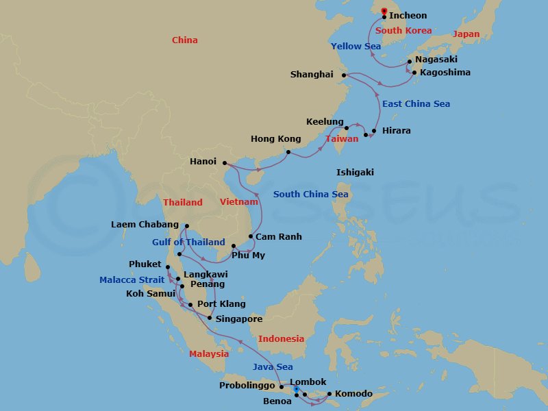 35 Night - Firecrackers to Skylines - Seven Seas Explorer - Starting in Bali (Benoa), Komodo, Lombok (Lembar), Probolinggo, Cruising the Java Sea, Cruising the Malacca Strait, Kuala Lumpur (Port Klang), Penang, Phuket, Langkawi, Singapore, Cruising the Gulf of Thailand, Ko Samui, Bangkok (Laem Chabang), Cruising the Gulf of Thailand, Phu My (Ho Chi Minh City), Cam Ranh, Cruising the South China Sea, Hanoi (Ha Long Bay), Cruising the South China Sea, Hong Kong, Cruising the South China Sea, Taipei (Keelung), Ishigaki (Sakishima Islands), Hirara (Miyakojima), Cruising the East China Sea, Shanghai, Cruising the East China Sea, Kagoshima, Nagasaki, Cruising the Yellow Sea, Seoul (Incheon) itinerary map