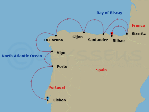 7 Night - Iberian Ballad - Oceania Marina - Starting in Lisbon, Oporto, Santiago De Compostela (Vigo), La Coruna, Gijon, Spain, Santander, Biarritz (Saint-Jean-De-Luz), Bilbao itinerary map