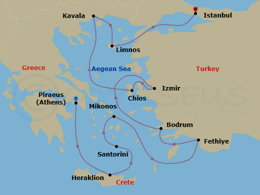 10 Night - Aegean & Turkish Awakening - Oceania Allura - Starting in Athens (Piraeus), Heraklion (Crete), Santorini, Mykonos, Fethiye, Bodrum, Izmir, Chios, Kavala / Philippi, Limnos, Istanbul itinerary map