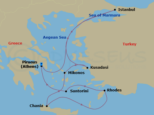 11 Night - Istanbul Delights & Santorini Dreams - Scarlet Lady - Starting in Athens (Piraeus), Greece, Istanbul, Turkey, Ephesus (Kusadasi), Turkey, Mykonos, Greece, Chania (Souda Bay), Crete, Greece, Rhodes, Greece, Santorini, Greece, Athens (Piraeus), Greece itinerary map