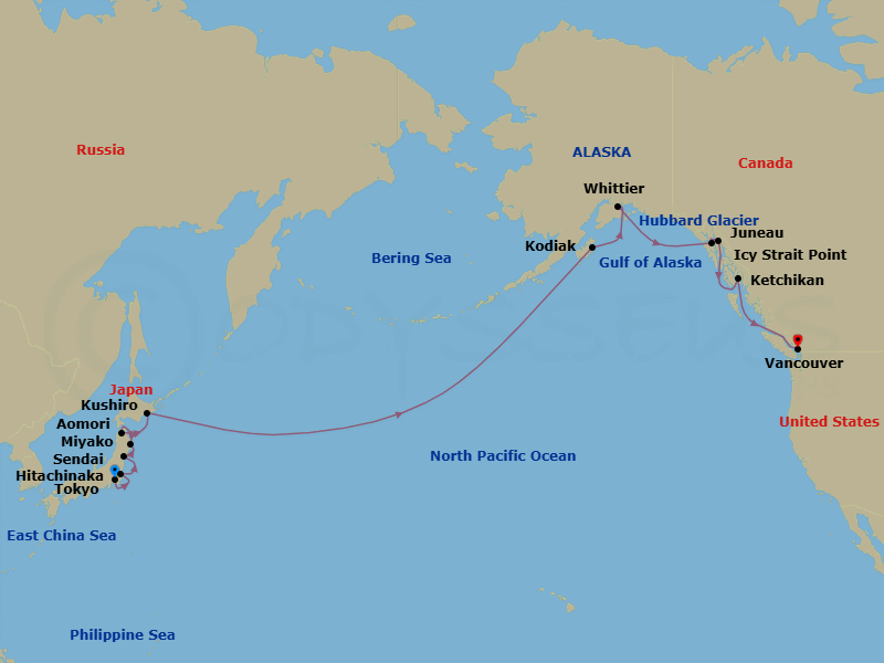 19 Night - Epic Pacific Passage - Seven Seas Explorer - Starting in Tokyo, Hitachinaka, Sendai, Miyako, Aomori, Kushiro, Cruising the Pacific Ocean, Cross the International Date Line, Cruising the Pacific Ocean, Kodiak, Anchorage (Whittier), Cruising Hubbard Glacier, Icy Strait Point, Juneau, Ketchikan, Cruising the Inside Passage, Vancouver itinerary map