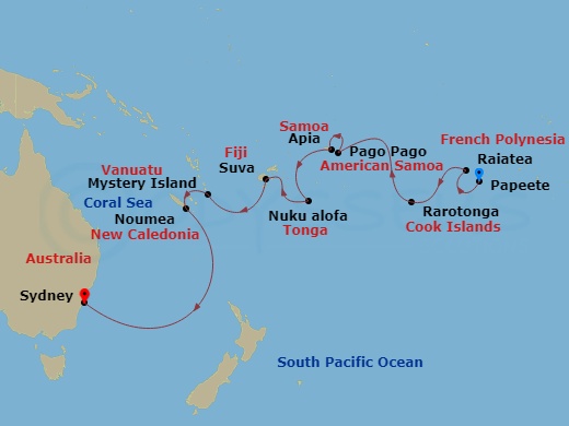 17 Night - Undiscovered Melanesia - Oceania Vista - Starting in Papeete (Tahiti), Raiatea, Rarotonga, Pago Pago, International Date Line West, Apia, Nukualofa, Suva, Mystery Island, Noumea, Sydney AU itinerary map