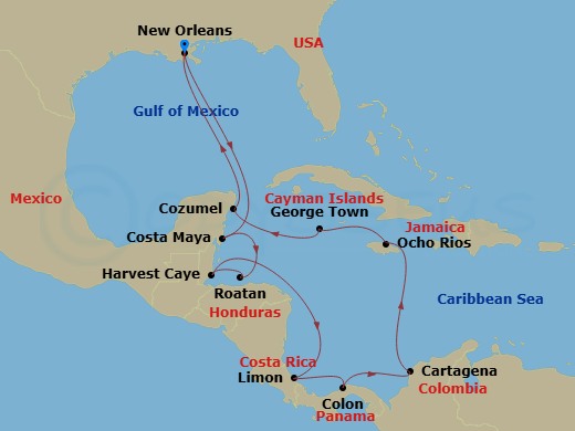 14 Night - Caribbean - Norwegian Escape - Starting in New Orleans, La, Costa Maya, Mexico, Roatan Bay Islands, Honduras, Harvest Caye, Belize, Puerto Limon, Costa Rica, Colon, Panama, Cartagena CO, Ocho Rios, Jamaica, George Town, Cayman Islands, Cozumel, Mexico, New Orleans, La itinerary map