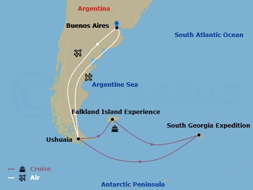 20 Night - Antarctica, South Georgia, and the Falklands - National Geographic Explorer Tours - Starting in Buenos Aires, Argentina, Ushuaia / Embark Ship, Falkland Islands, South Georgia Island, Antarctica, Disembark Ship / Ushuaia / Buenos Aires itinerary map