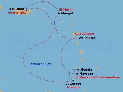 7 Night - Windward Islands Surf & Sunsets - Star Legend - Starting in San Juan, St Georges, Bequia, Mayreau, Les Saintes, Marigot, St Martin, San Juan itinerary map