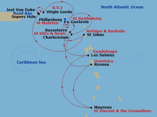 14 Night - Star Collector : Caribbean Explorations - Wind Surf - Starting in Philipsburg, St Maarten, Charlestown, Roseau, Mayreau, Les Saintes, Basseterre, Gustavia, Philipsburg, St Maarten, St Johns, Road Bay, Sopers Hole, Jost Van Dyke, Great Harbour, Virgin Gorda / Prickly Pear, British Virgin Islands, Gustavia, Philipsburg, St Maarten itinerary map