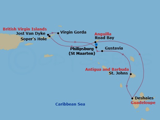 8 Night - Beach Fun & Sun : a Remote Caribbean Getaway - Wind Surf - Starting in Philipsburg, St Maarten, Gustavia, St Johns, Deshaies, Road Bay, Sopers Hole, Jost Van Dyke, Great Harbour, Virgin Gorda / Prickly Pear, British Virgin Islands, Philipsburg, St Maarten itinerary map