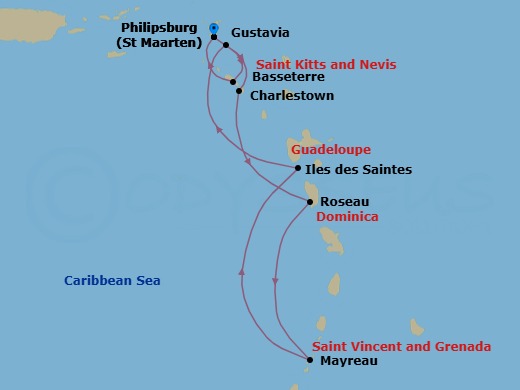 7 Night - Classic Caribbean - Wind Surf - Starting in Philipsburg, St Maarten, Charlestown, Roseau, Mayreau, Les Saintes, Gustavia, Basseterre, Philipsburg, St Maarten itinerary map