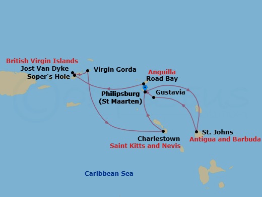 8 Night - Beach Fun & Sun : a Remote Caribbean Getaway - Wind Surf - Starting in Philipsburg, St Maarten, St Johns, Gustavia, Road Bay, Sopers Hole, Jost Van Dyke, Great Harbour, Virgin Gorda / Prickly Pear, British Virgin Islands, Charlestown, Philipsburg, St Maarten itinerary map