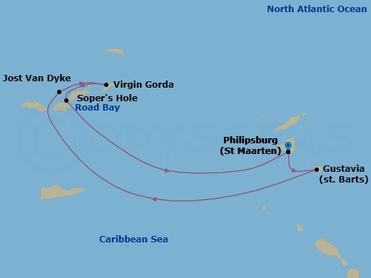 6 Night - Beach Fun & Sun : a Remote Caribbean Getaway - Wind Surf - Starting in Philipsburg, St Maarten, Road Bay, Gustavia, Jost Van Dyke, Great Harbour, Virgin Gorda / Prickly Pear, British Virgin Islands, Sopers Hole, Philipsburg, St Maarten itinerary map