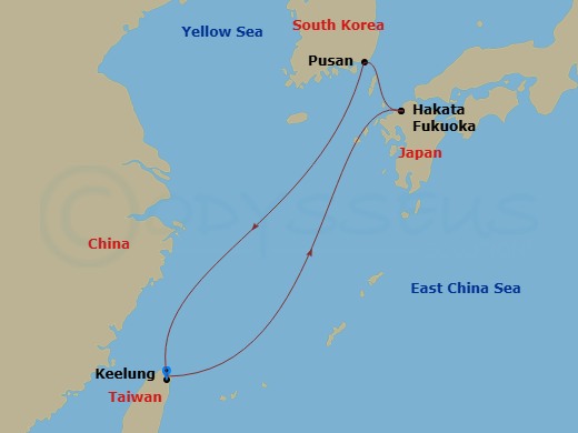5 Night - Far East from Keelung Taiwan - Costa Serena - Starting in Keelung, Taiwan, Fukuoka / Hakata, Pusan, Keelung, Taiwan itinerary map