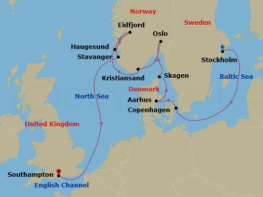 12 Night - Stockholm to Southampton - Silver Spirit - Starting in Stockholm, Copenhagen, Aarhus, Skagen, Oslo, Kristiansand, Haugesund, Eidfjord, Stavanger, Southampton itinerary map